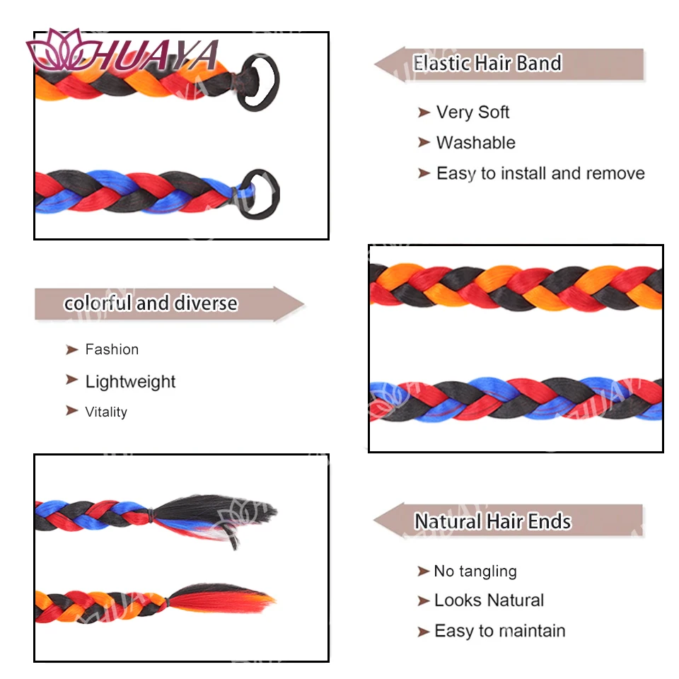 HUAYA Synthetic Color Braided Ponytail With Elastic Rubber Band 24 Inches Orange Black Purple Blue Long Braid Suitable For Women