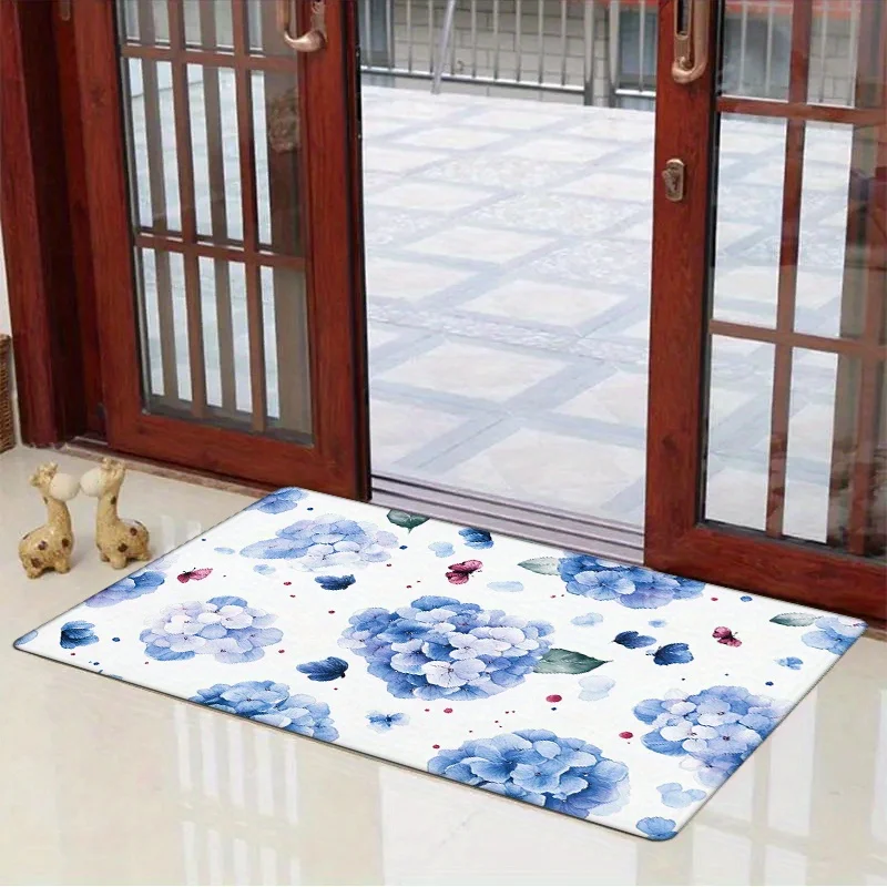 1pc Blue hydrangea patterned floor mat, machine washable polyester, suitable for bedroom and living room décor.
