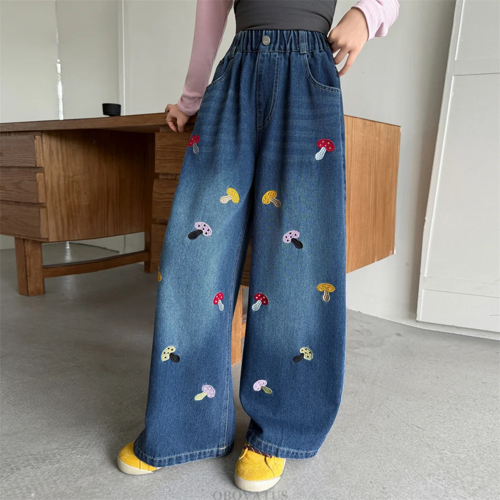 Spring Autumn New Kids Designer Retro Blue Wide Leg Jeans With Mushroom-Shaped Embroidered For Children Girl Fashion Denim Pants