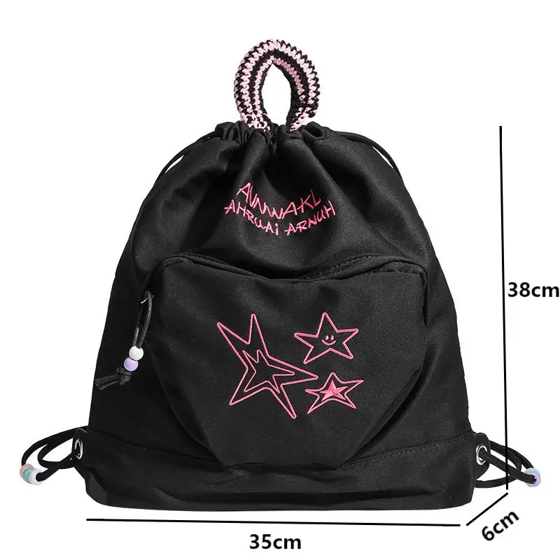 2024 New American Vintage Women Backpacks Casual Female Embroidery Letter Bagpack Large Capacity Handbags Y2K Drawstring Bags