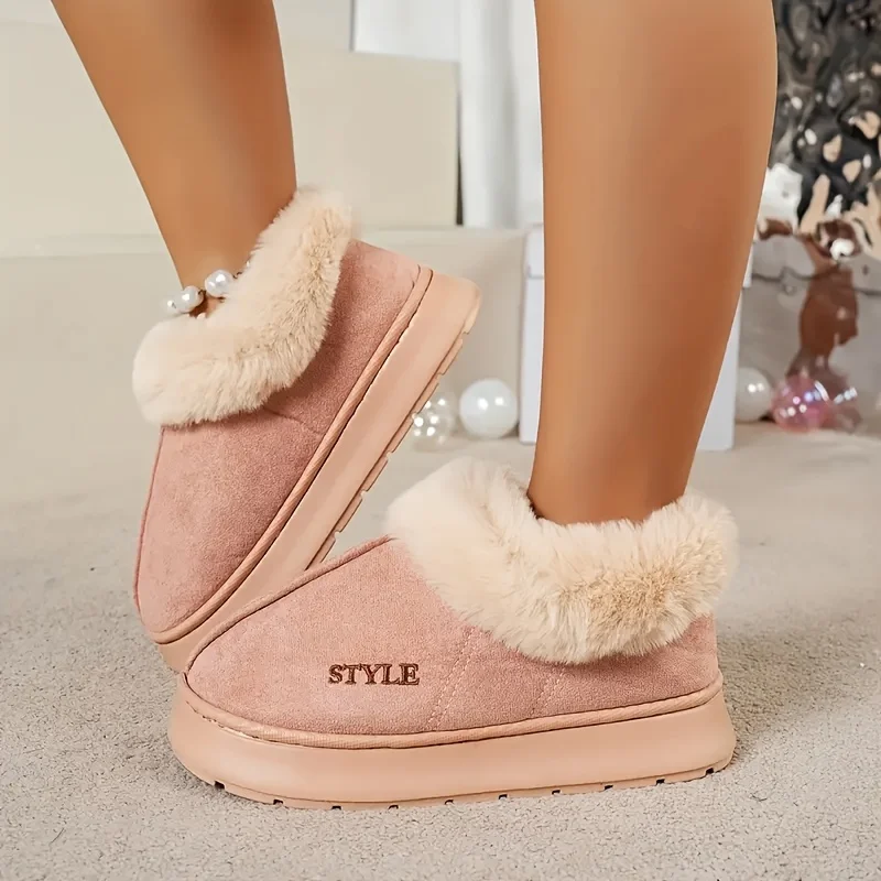 Womens Solid Color Fleece Boots Thick Sole Soft Sole Warm Lined Non Slip Warm Winter Snow Boots Perfect Gift Choice