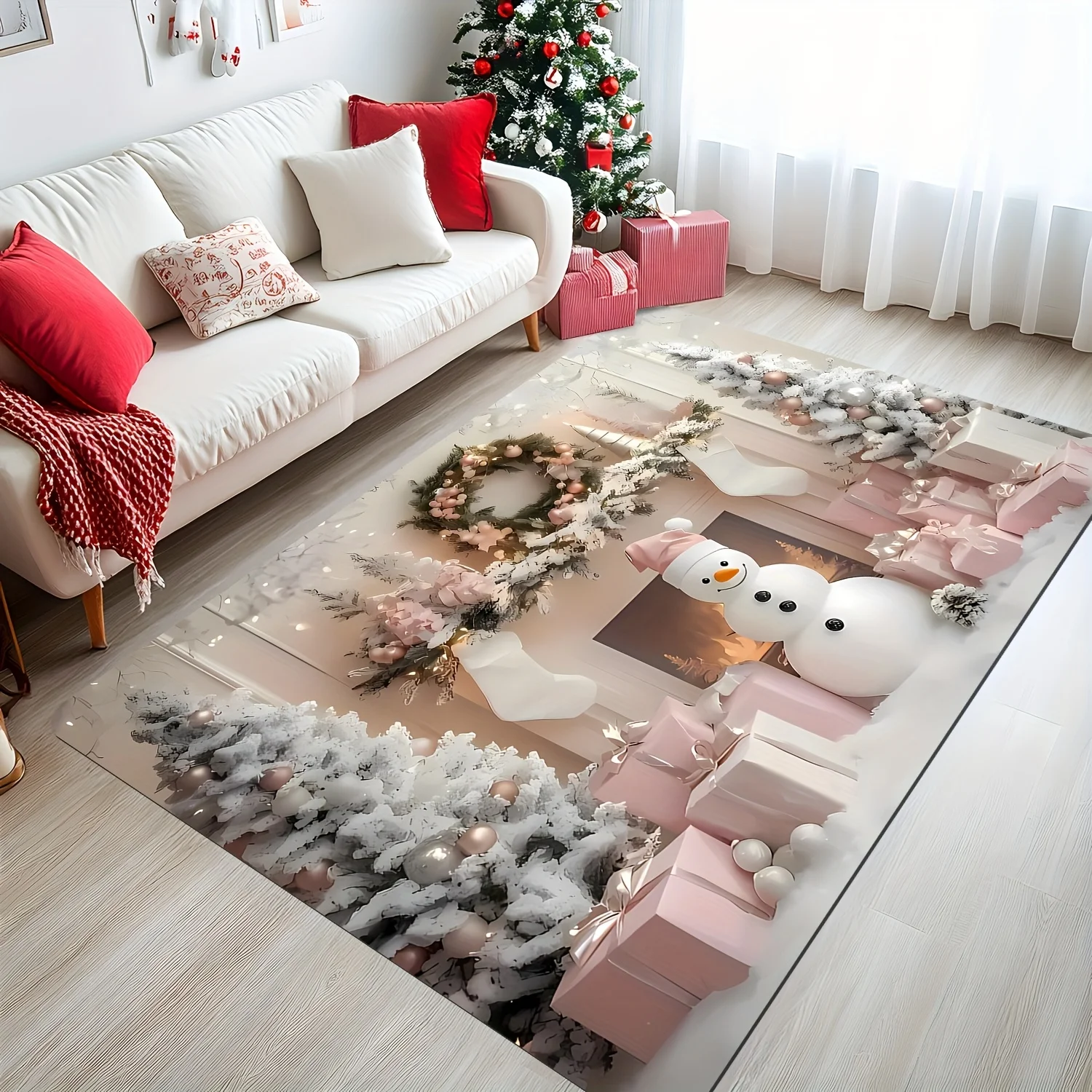Xmas Pink Gift Box and Snowman Pattern Area Rug,for Living Room, Bedroom, Study,Entryway Mat, Dining Area, Christmas Decorations
