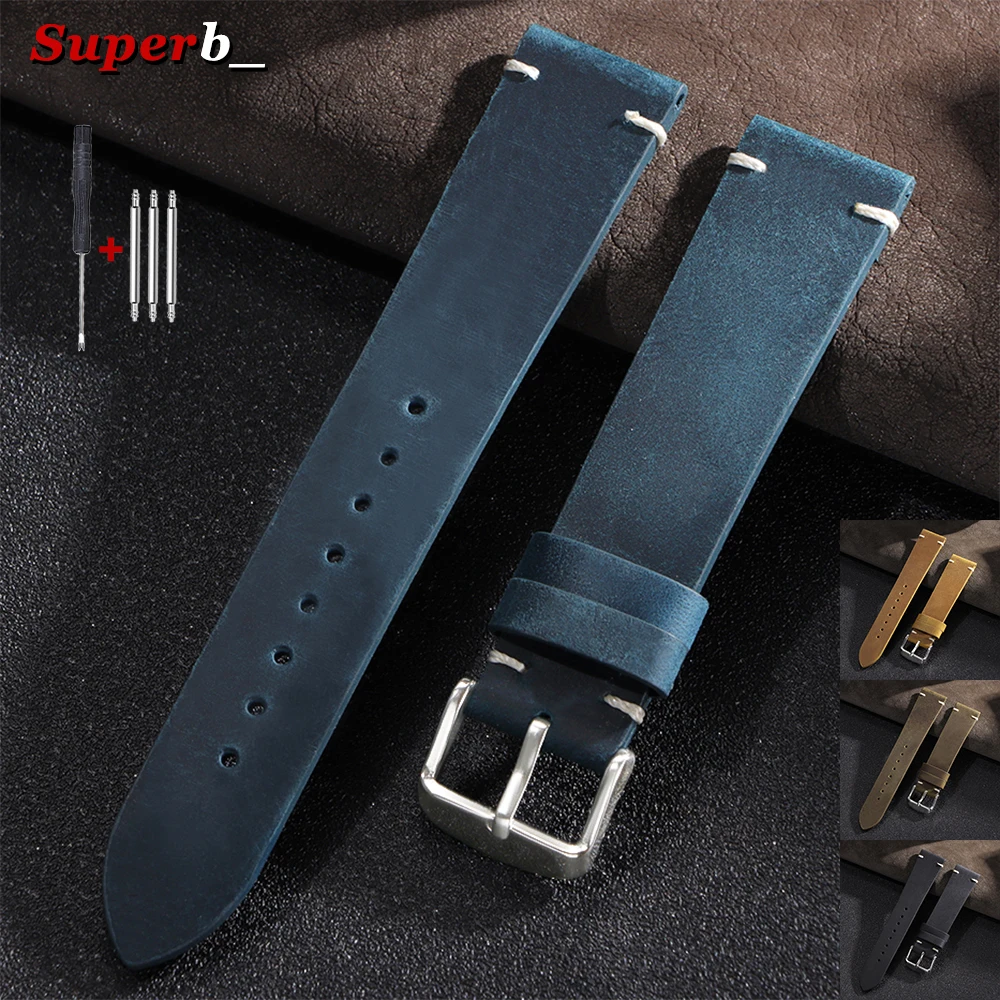 Vintage-Uhrenarmband aus gewachstem Leder, 18 mm, 19 mm, 20 mm, 21 mm, 22 mm, 24 mm, weiche Business-Nähte, Rindslederarmband, Dornschließe, Armbanduhrenarmband