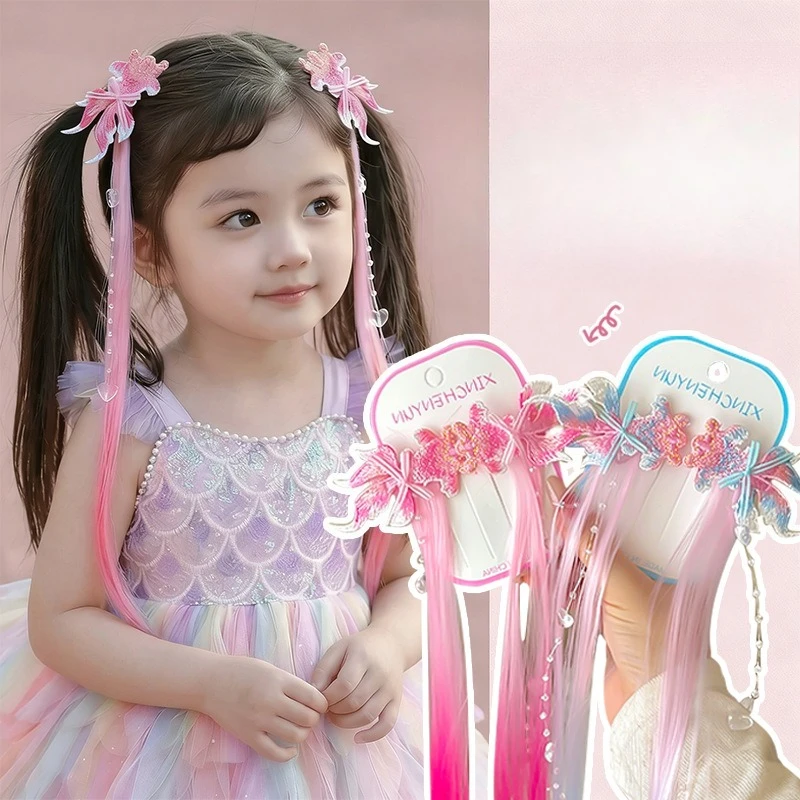 Kids Wigs Braided Hair Accessories Cute Goldfish Rainbow Gradient Braided Hairpins Girls Take Photos Headdresses Hairpins