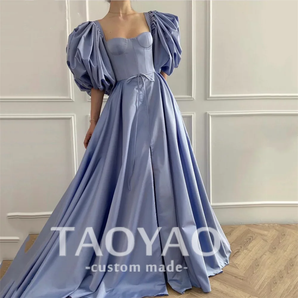 

Elegant Blue Modern A-Line Prom Dress Backless Sweetheart Evening Gowns Short Puff Sleeve Party Dress Bow Belted Vestido De Gala