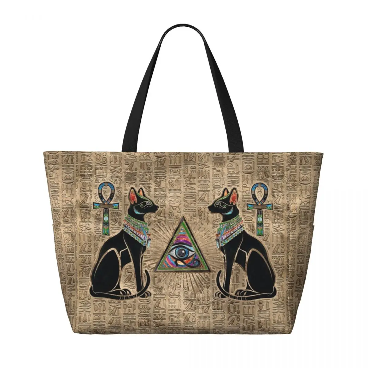 Custom Large Eye Of Horus And Egyptian Cats Tote Bag for Women Egypt Hieroglyphs Shoulder Shopping Beach Gym Travel Bag