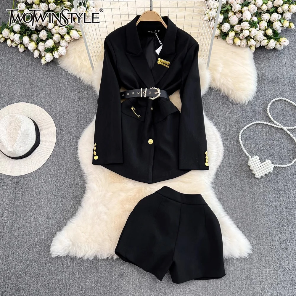 TWOTWINSTYLE Temperament Two Piece Set For Women Notched Collar Long Sleeve Spliced Belt Top High Waist Shorts Slim Sets Female