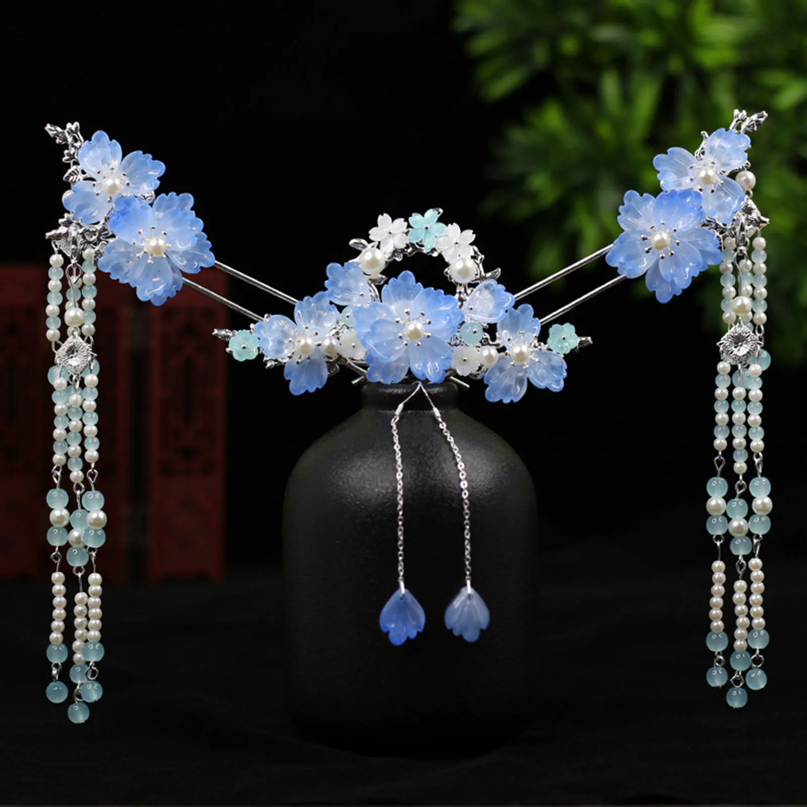 Vintage Hair Stick Earring Sets For Women Floral Tassel Pearl Chinese Jewelry Hair Clip Hairpin Fairy Tiaras Wedding Accessories