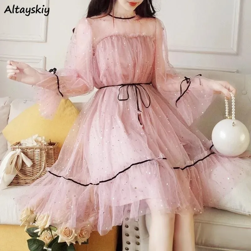 Elegant Dress Women Summer Lace-up Sequined Seductive Stylish Pleated Mesh Vestidos Sweet Literary Daily Aesthetic Teens New