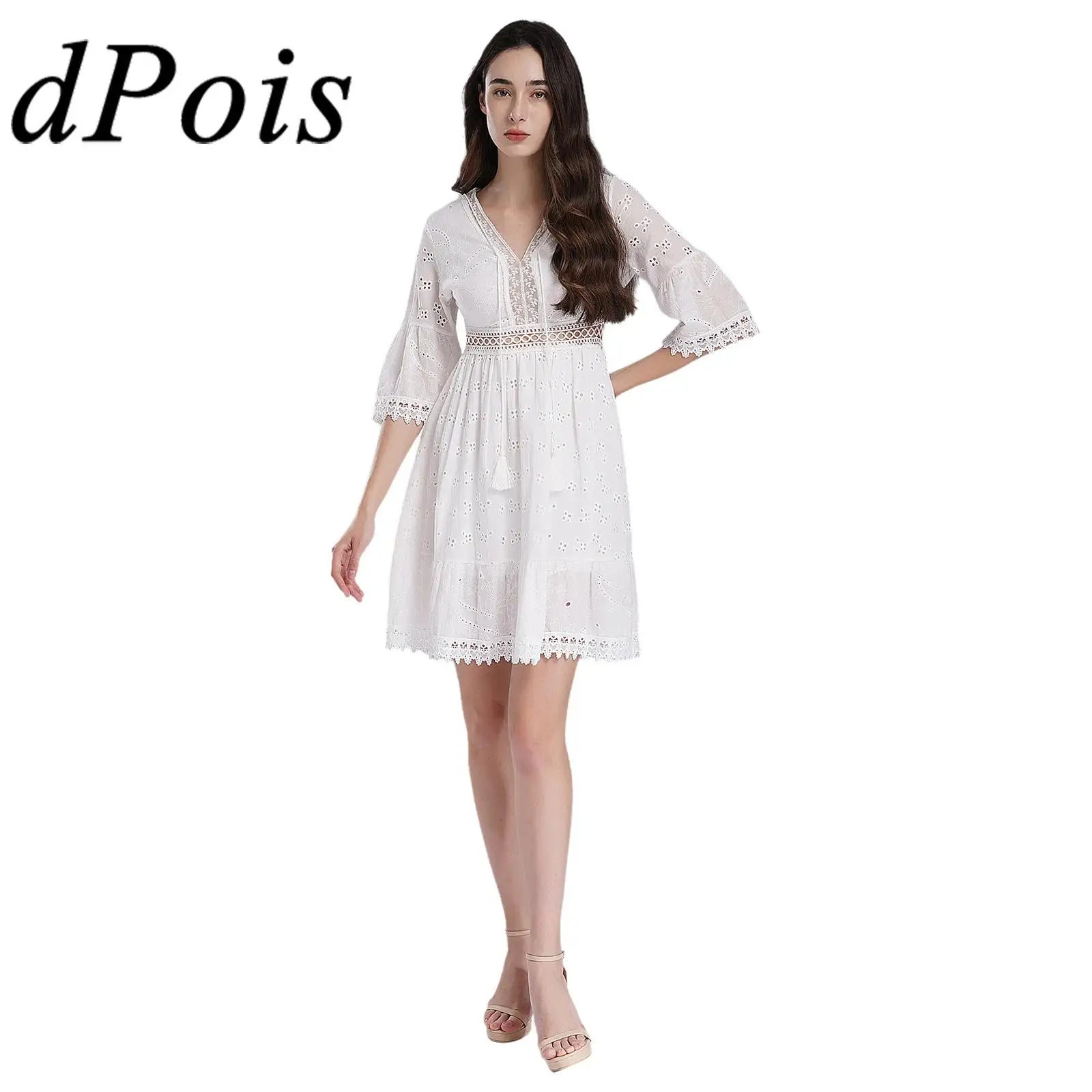 

Elegant Womens Stylish Boho Style Dress V Neck 3/4 Sleeve Hollow Out Dress High Waist A-line Beach Dresses for Travel Vacation