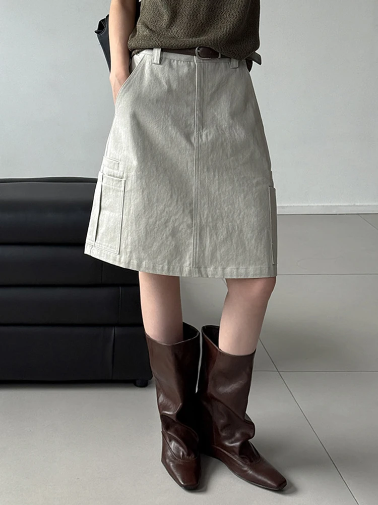 High Waist Light Gray Pocket Thin Knee Length A-line Half-body Skirt Women Fashion Tide New Spring Autumn