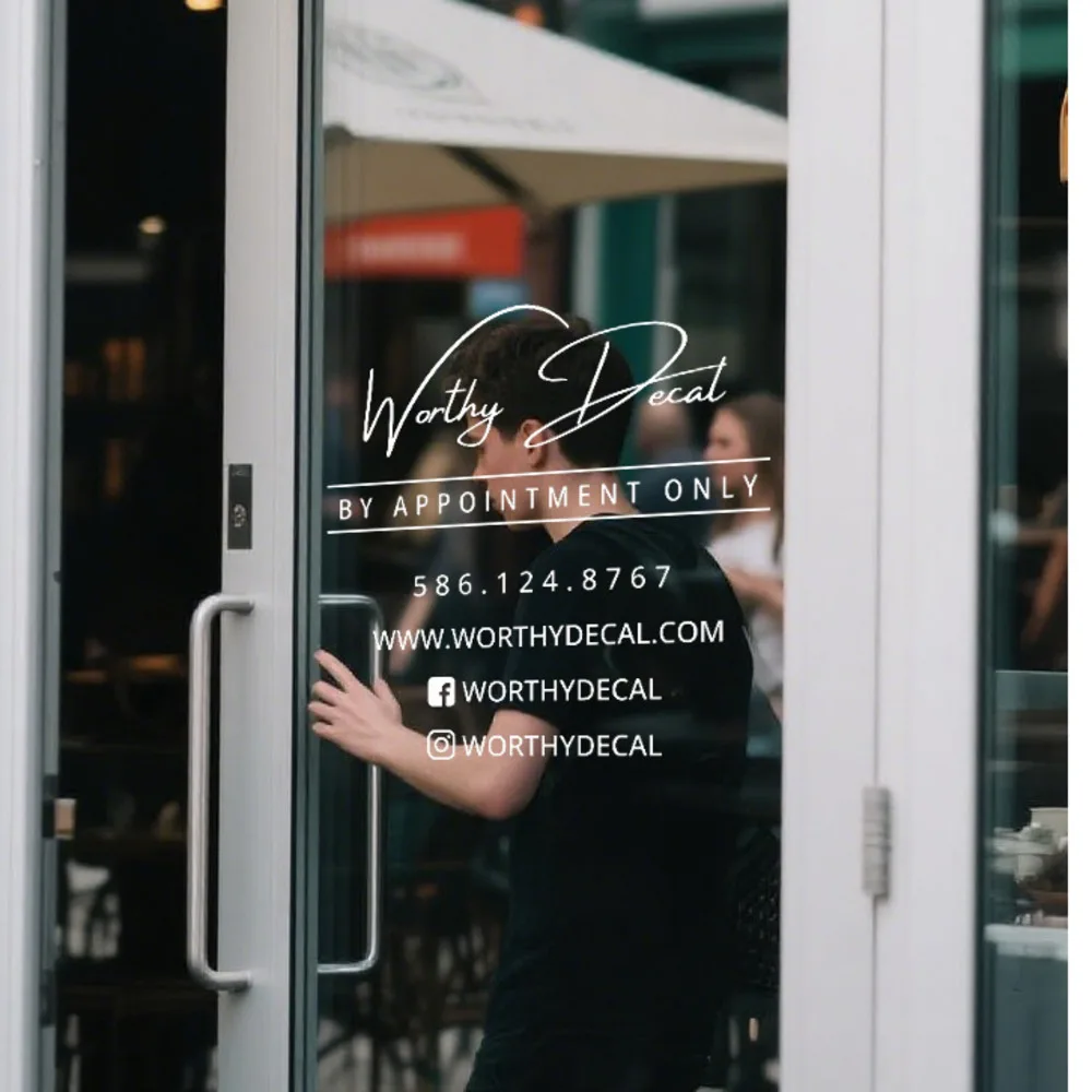 

Custom Business Sign Decal | Customizable Tagline, Social Media, Website, & Phone Number - Window Decal - Hours - Door Decal - V