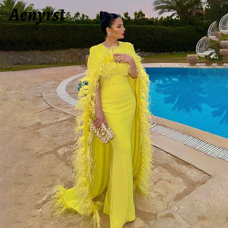 Aenyrst Elegant Yellow Mermaid Prom Dress Women\'s O-Neck Feather Beads Scarf Evening Gown Floor Length Formal Occasion Dresses
