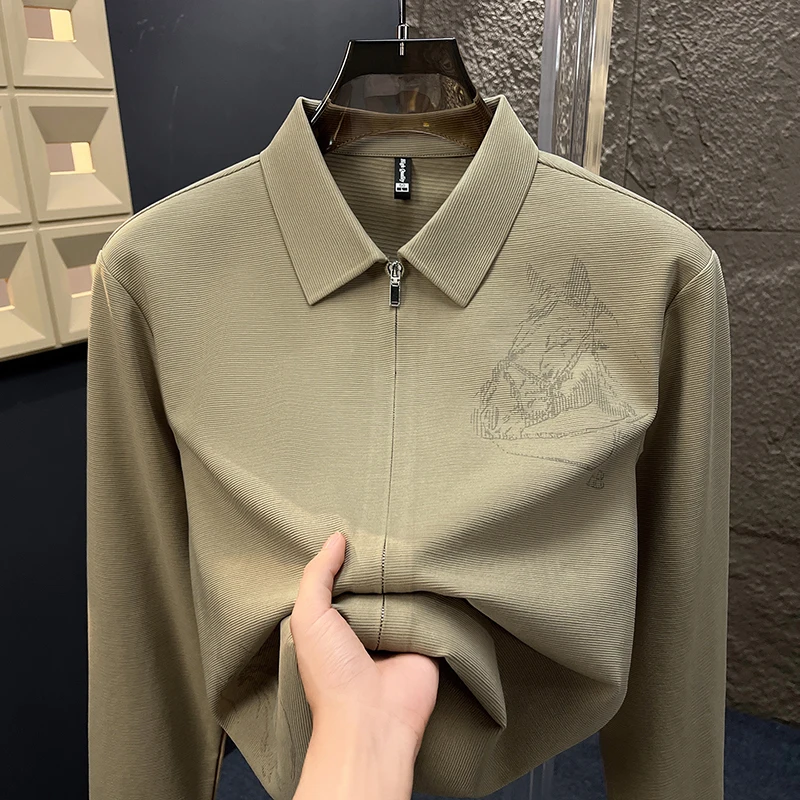 قميص رجالي أصلي بأكمام طويلة وسحاب وياقة مقلوبة وطباعة بسيطة وخفيفة الوزن كاجوال للربيع والخريف للرجال #1