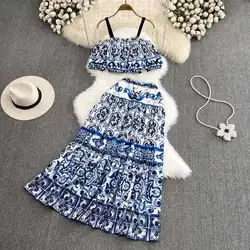Summer Runway Holiday Blue and White Porcelain Print Two Piece Set Women Short Puff Sleeve Strap Elastic Top+Maxi Skirts Suit