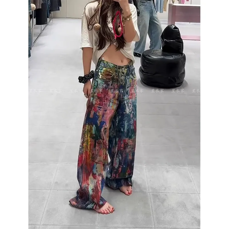 Street Style Graffiti Jeans Men Distressed Rainbow Random Painting Pattern Straight Wide Leg Pants Hiphop Y2k Trousers