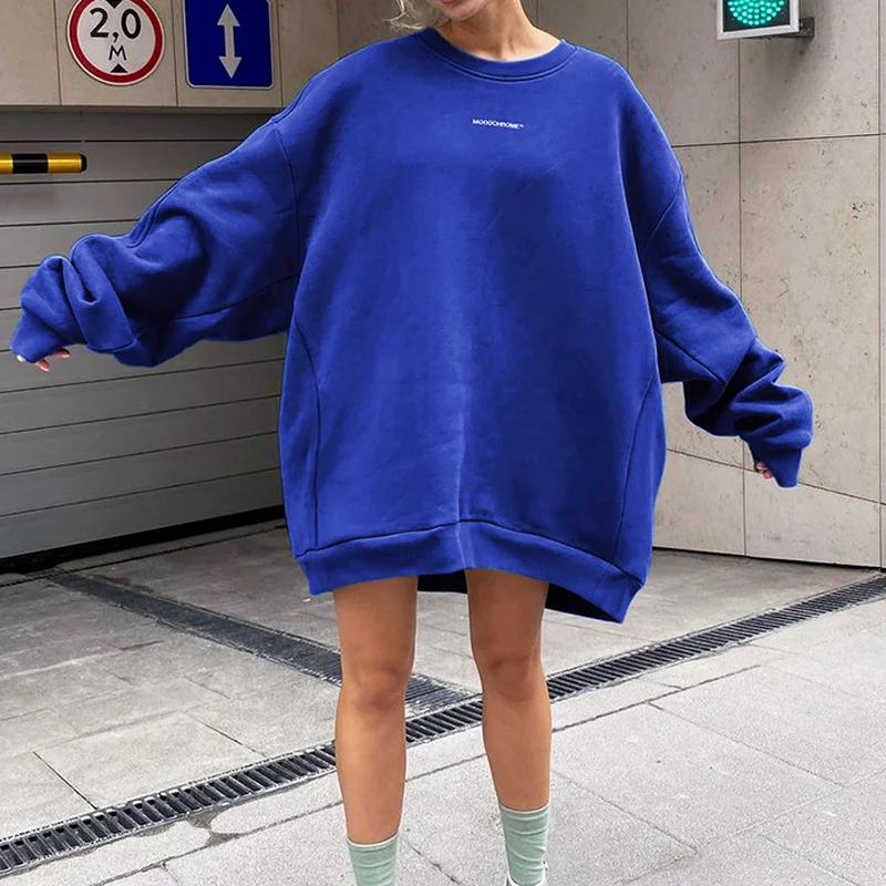 Autumn and Winter New Pullover Sweater Loose Long-sleeved Bat Sleeves Solid Color Printing Casual Long Round Neck Sweatshirt