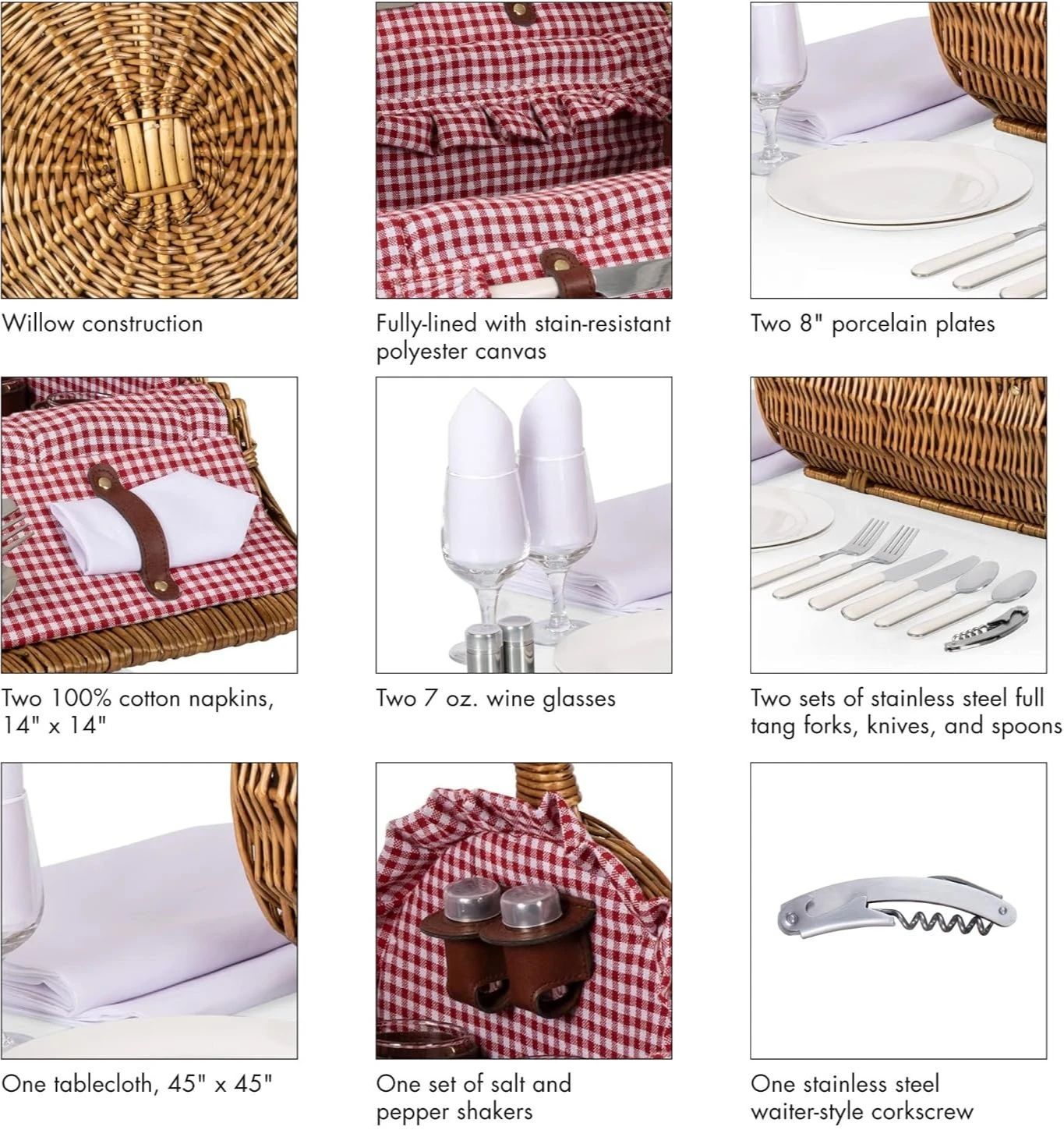 Romantic English Style Rounded Wicker Picnic Basket For Two, Hand Woven Barrel Shaped Wooden Picnic Suitcase With Complete Dining Service, Red And White Gingham Pattern view 8