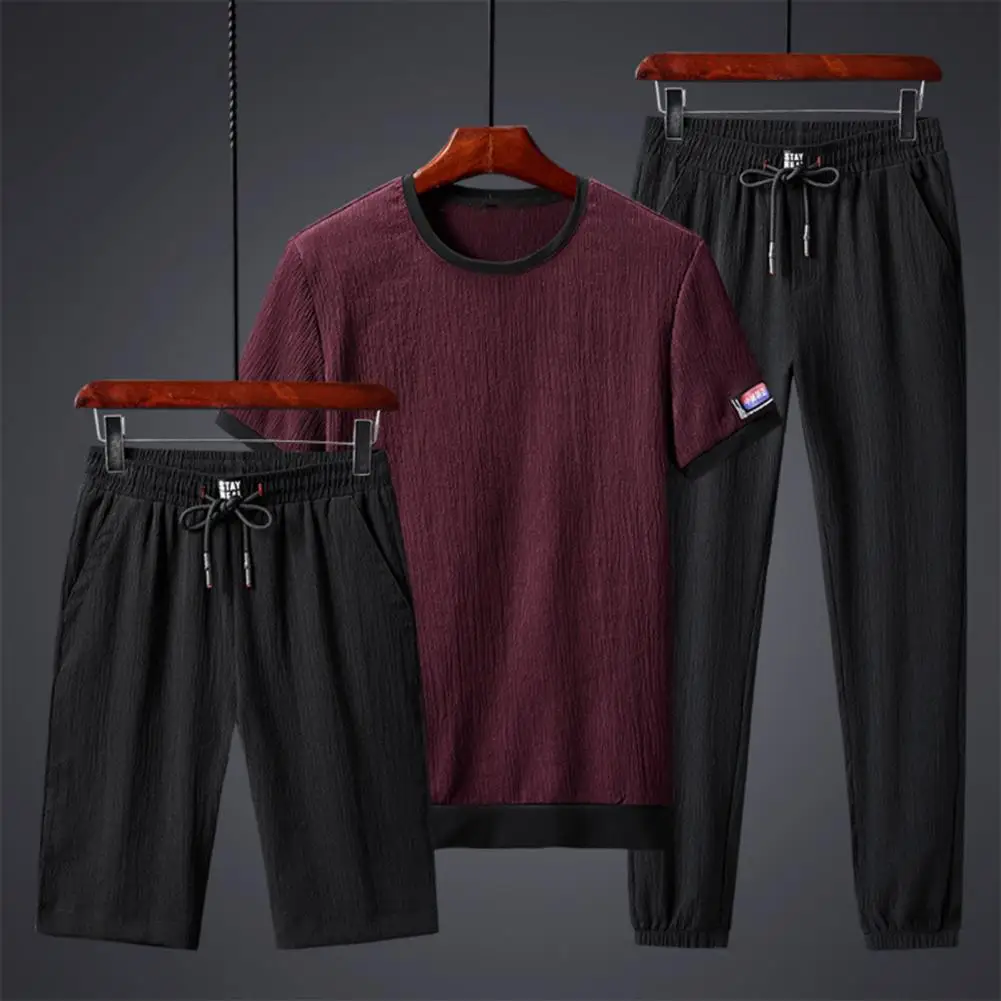 Mens 3 Piece Fashion Sports Suit Men T-shirt Shorts Trousers Ice Silk Gym Outfit Jogging Polyester Men Sportwear Set Streetwear