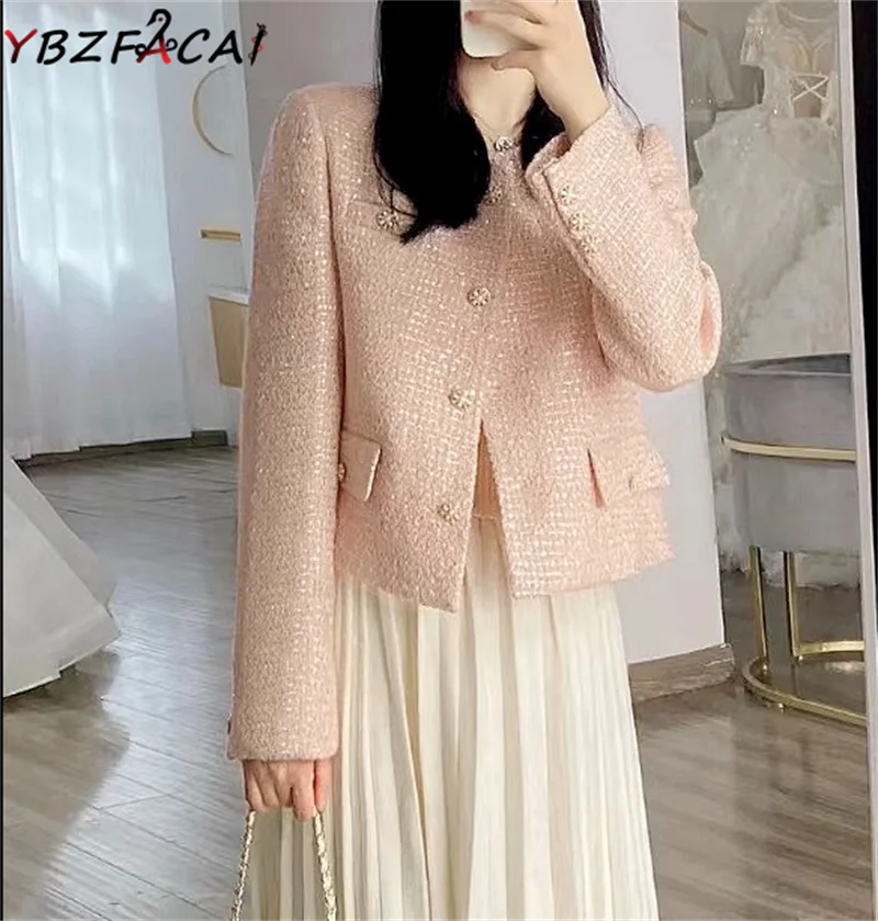 French Light Luxury Pink Tweed Jacket Women\'s Fall and Winter White Tweed Jacket Elegant O-Neck Metal Button Sequin Black Blazer