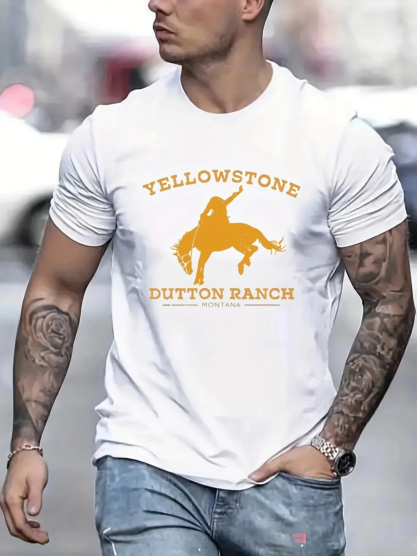 

Mens Fashionable Crew Neck Short Sleeve Horse Print Sports T-Shirt - Comfortable, Versatile, Breathable, Moisture-Wicking