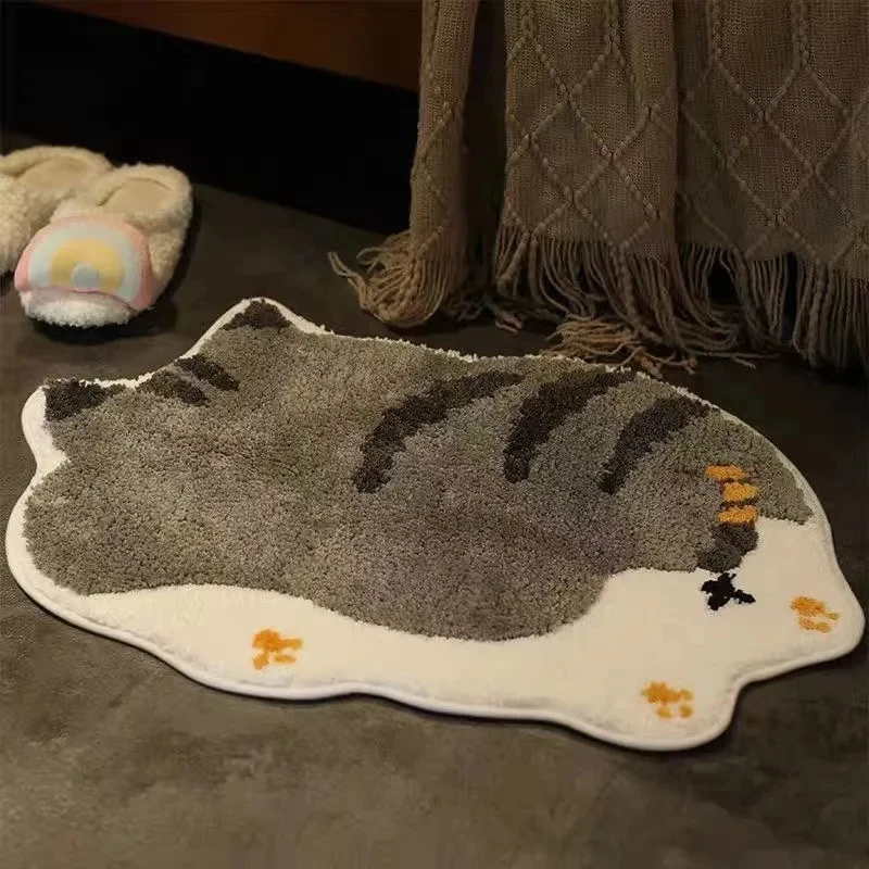 VIKAMA Kawaii Grey Striped Kitten Shaped Mat, Lovely Cartoon Non-slip Plush Carpet For Entryway Bedside Kids Room Decor