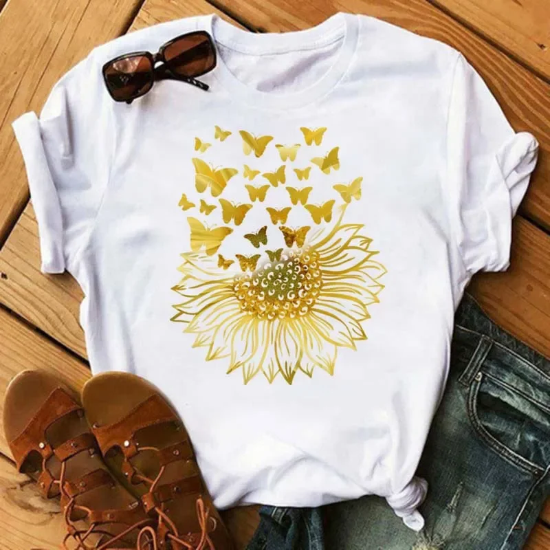 Camiseta con estampado de girasol, pantalón corto informal de manga corta con cuello redondo para primavera y verano, ropa de camiseta de talla grande para mujer