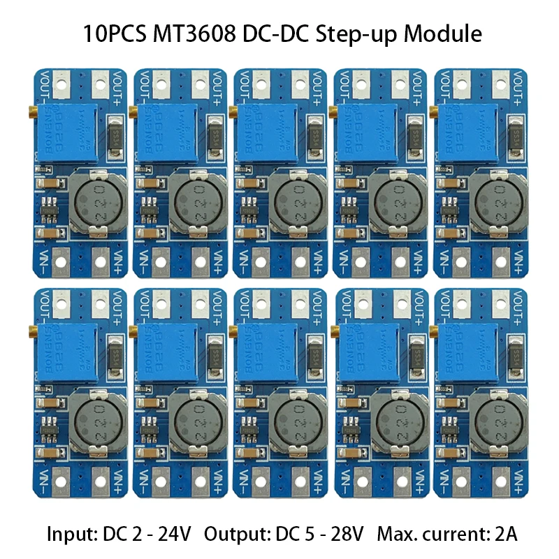 5/10pcs MT3608 DC-DC Adjustable Step-up Module, 2A Boost Board, DC 2–24V to 5/9/12/24V28V Boost Power Module