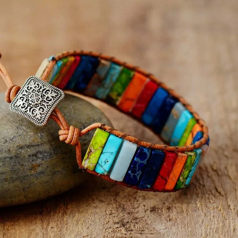

Chakra Bracelet Jewelry Handmade Multi Color Natural Stone Tube Beads Leather Wrap Bracelet Couples Bracelets Gifts
