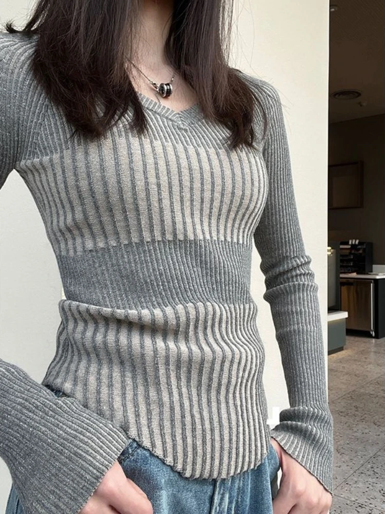 Long Sleeve Knitted T Shirts Women Striped V-neck Casual Tops Basic Clothes Slim Comfortable All-match Simple Autumn Winter Chic