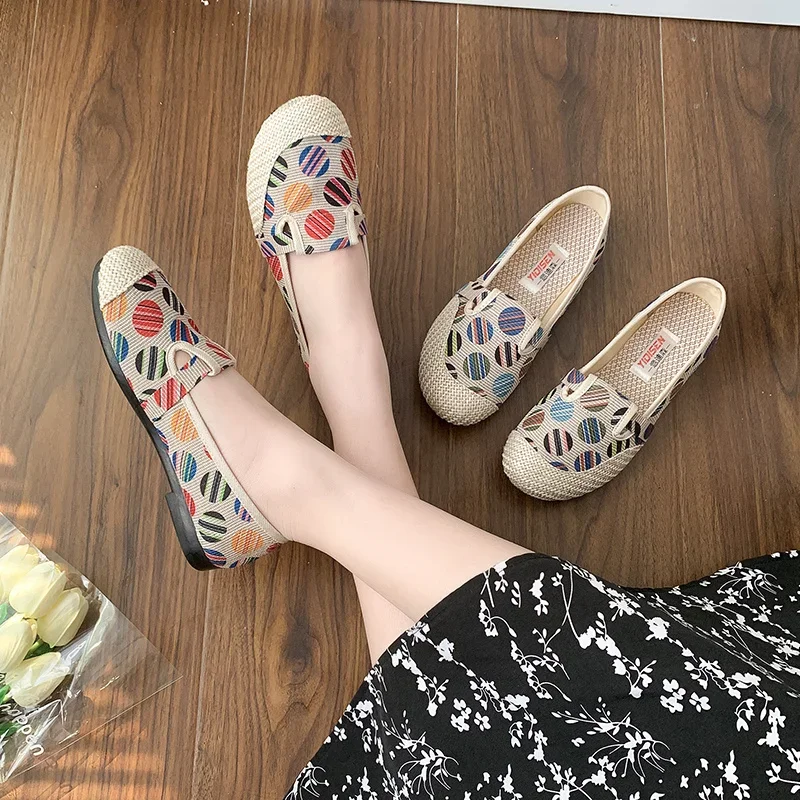 Casual Women Comfort Bohemian Lazy Shoes Female Slip on Flat Shoes Canvas Strap Straw Espadrilles Loafers