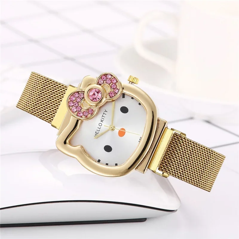 Kawaii Hello Kitty Quartz Watch Women Students Kawaii Ashion Watch with Steel Wristband Anime Cute High Quality Casual Watches