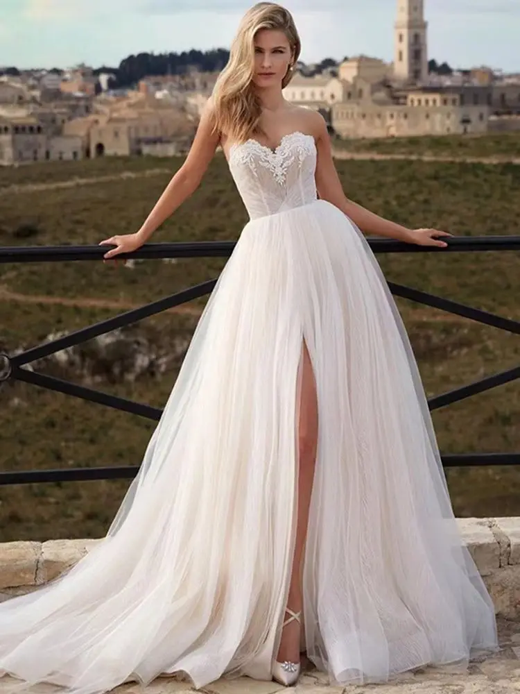 Sweetheart Tulle Wedding Dresses Strapless High Split Sleeveless Bridal Gown Backl Customize To Measure Robe De Mariee For Women