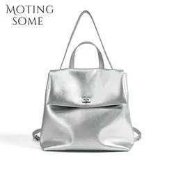 Motingsome Zaino da scuola per donna Borsa da viaggio da donna in vera pelle di qualità Zaini moda argento Mochilas Bookbag 2024 Nuovo