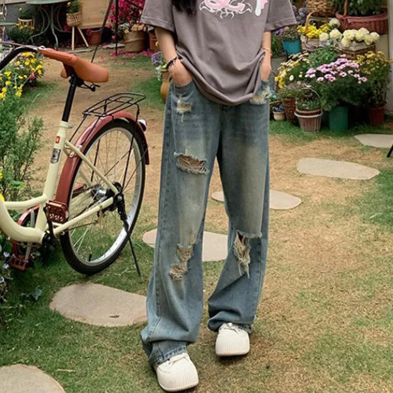 2025 New Vintage Ripped Spring Summer Jeans Women High Waist Straight Leg Loose Design Sense High Street Wide Leg Mop Pants H302