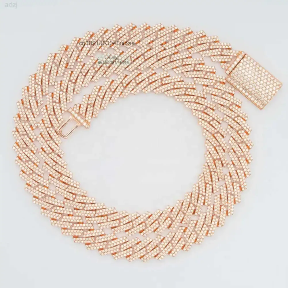 

Ready to Ship Rose Gold Color 10mm Pass Diamond Tester in Stock Iced Out Two Row Stone Vvs Moissanite Cuban Chain Necklace