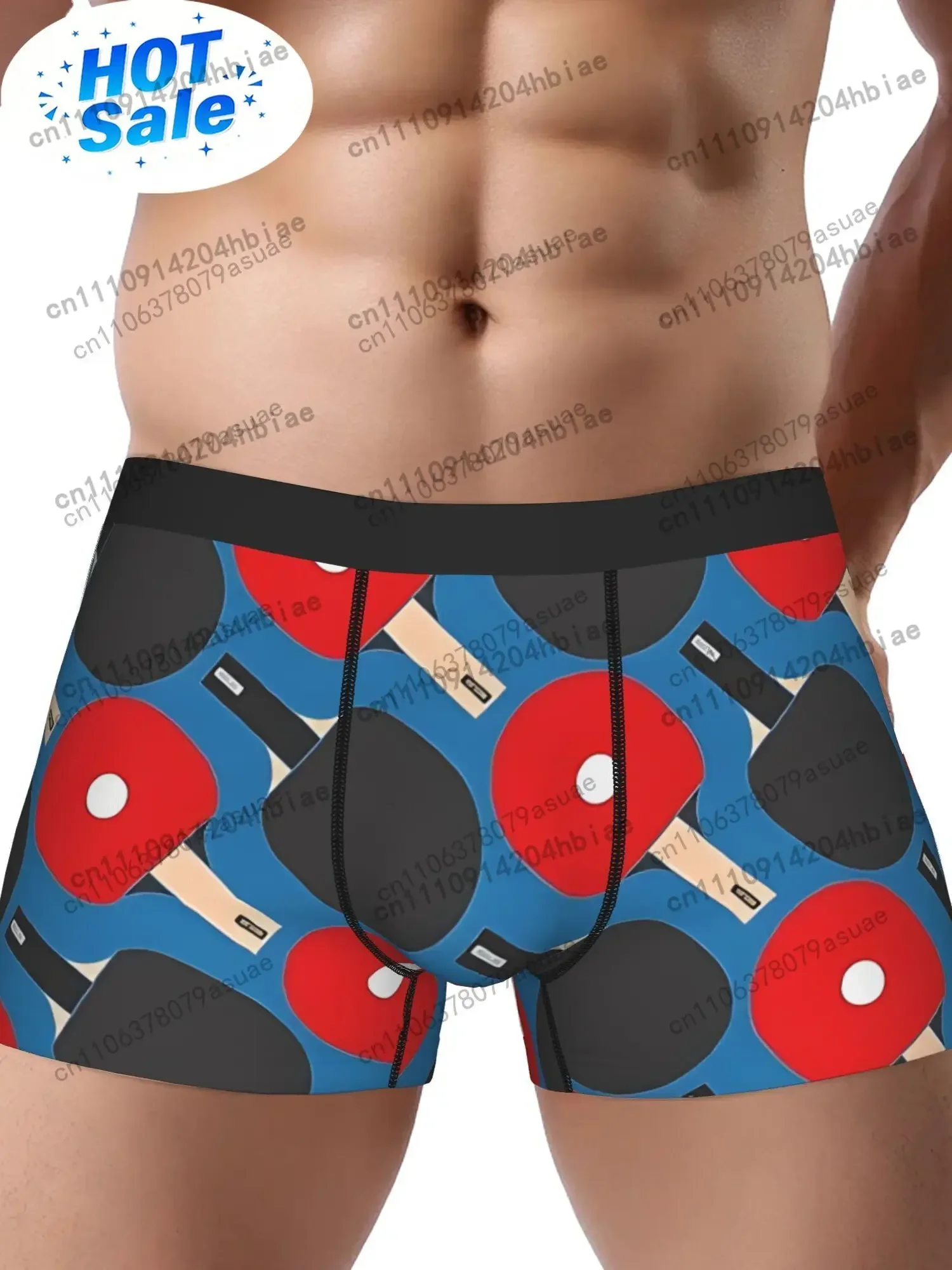 1pc Men's Breathable Boxer Briefs with Ping Pong Paddle Ball PrintBlue Athletic Underwear ShortsRed/White Paddles Black Black