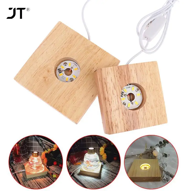 7cm Square Wood LED Light Dispaly Base Crystal Glass Resin Art Ornament Wooden Night Lamp Base LED Light Rotating Display Stand