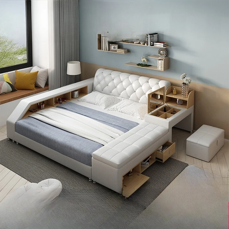 

Double Upholstered Bed Storage Frames Queen Adjustable Space Bed Lounge Sleeping Cama Inteligente Multifuncional Furnitures