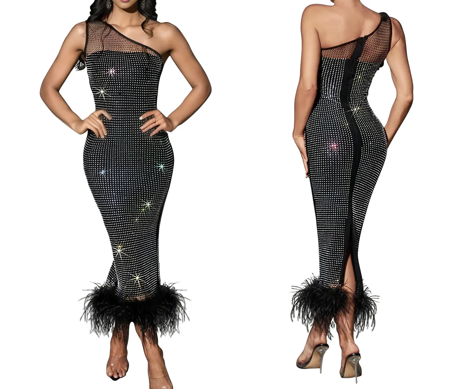 Nowa Moda Sexy Bez Rękawów Jedno Ramię Asymetryczny Dekolt Cekiny Siateczka Prześwitująca Jednolity Kolor Dopasowana Sukienka Do Kostek Z Piórami Dla