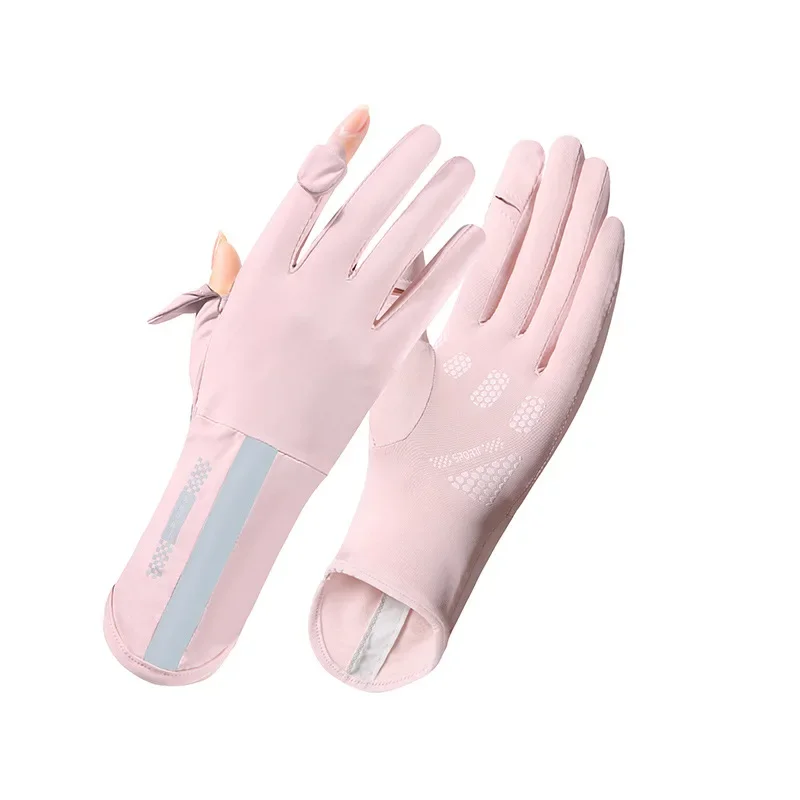 Летние солнцезащитные перчатки женские тонкие ледяные шелковые анти-ультрафиолетовые росы пальцы сенсорный экран вождения езда Нескользящие дышащие перчатки