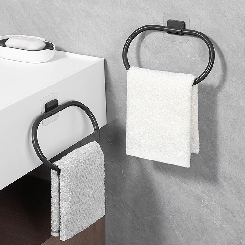 

Plastic Towel Holder Self-adhesive Bathroom Towels Rack Black Washhand Hanger Ring Rail Bar Kitchen Storage Accessories