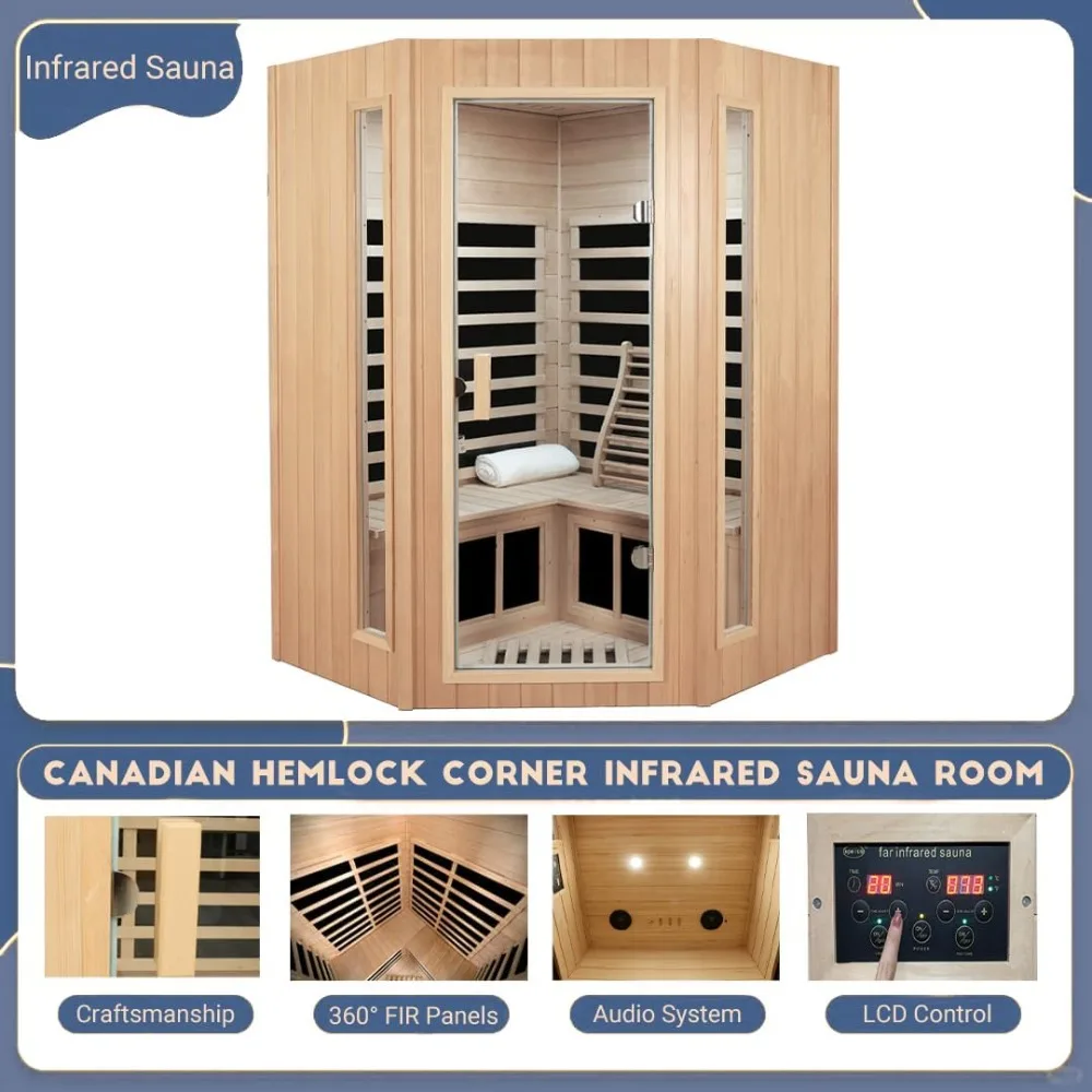 2-3 Person Infrared Sauna, Far Infrared Saunas for Home Low EMF Indoor Home Sauna Spa, Hemlock Wooden Corner Sauna Room,1670Watt