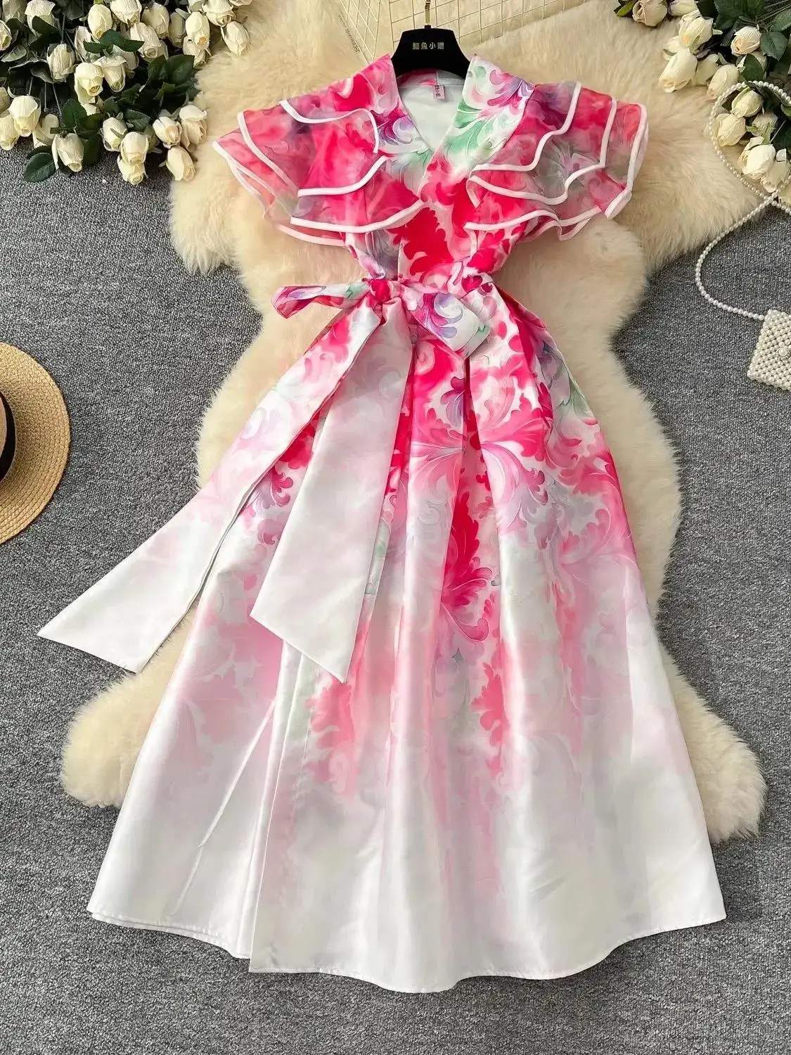 Mulheres com decote em v bandagem rendas até camada babados vestidos longos francês elegante floral impressão bola para baixo festa à noite envoltório vestidos