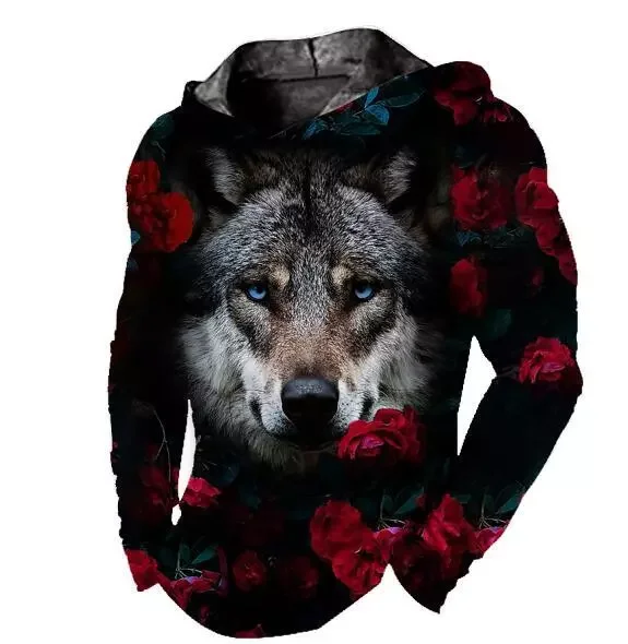 

Men's casual hoodie ferocious animal series 3D lion wolf rose flower print pullover fashion sweatshirt pullover hoodie unisex