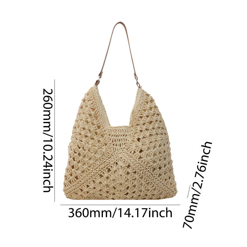 

Summer Straw Bag Hollow Out Beach Shoulder Bag Large Vacation Bag Solid Color Holiday Travel Handbag Boho Shoulder Purse