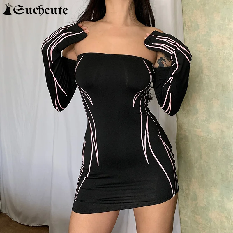 

SUCHCUTE Gothic Streetwear Black Stripe Patchwork Mini Dress Womne Slash Neck Full Sleeve Slim Party Dresses Elegant Outfits