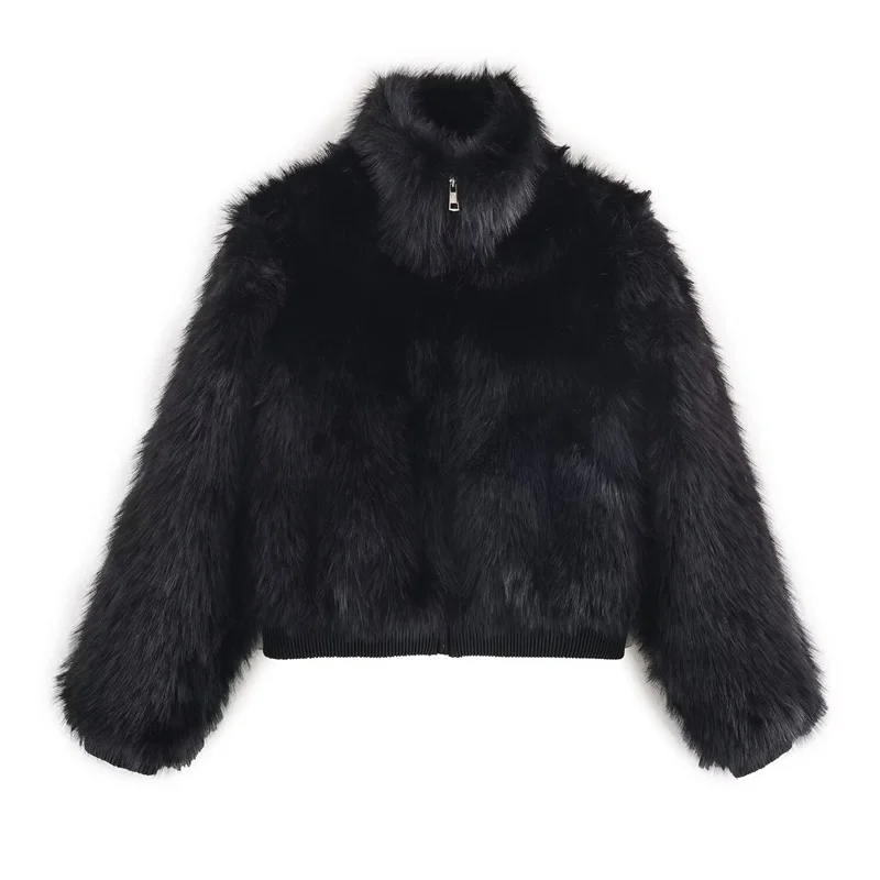 

Women's Coat 2025 Winter New Black Long-Sleeve Faux Fur Effect Zipper Stand Collar Warm Coat High-End Fashion Stylish