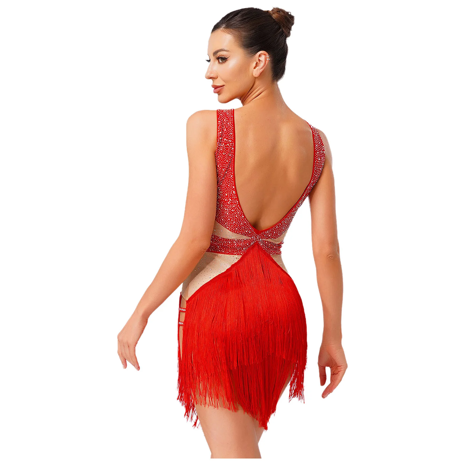 

Women Rhinestones Backless Tiered Tassel Latin Tango Dance Leotard Contrast Color Bodysuit Jumpsuit for Chacha Rumba Samba Dance
