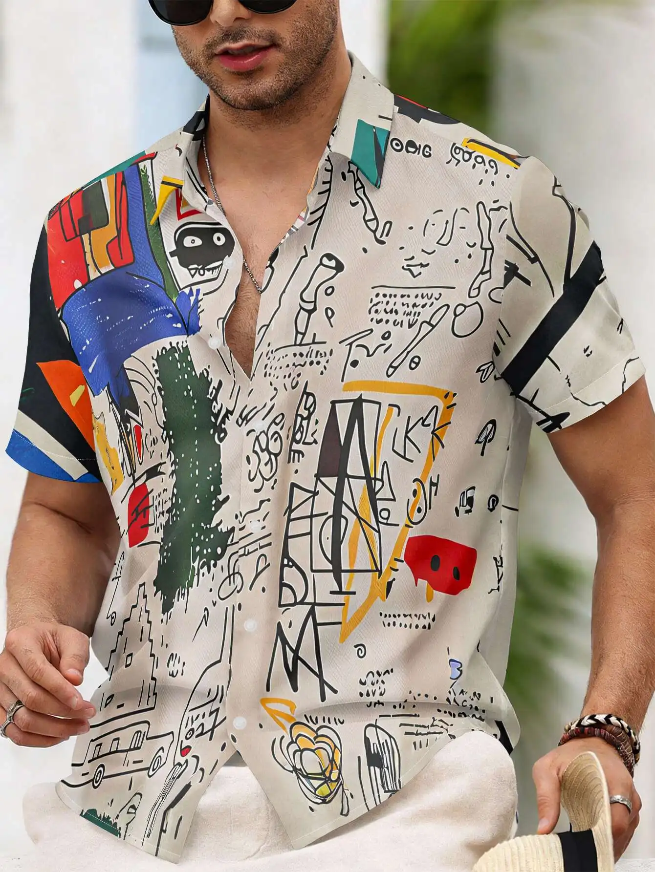 Men Abstract Color Block Graffiti Line Art Print Short Sleeve Turn-down Collar Shirt Summer Casual Button Down Streetwear Top